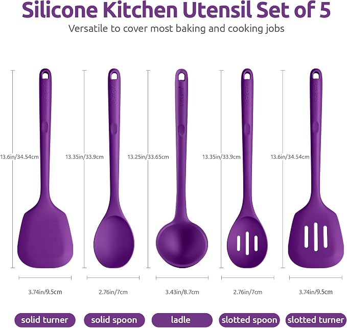 U-Taste Silicone Kitchen Cooking Utensil Set of 5, 13.6" Long, Purple | 600ºF Heat Resistant Food Grade Kitchen Tools&Gadgets, Extra Long Wide Spatula Turner Spoon Ladle for Serving Mixing Stirring - Image 2