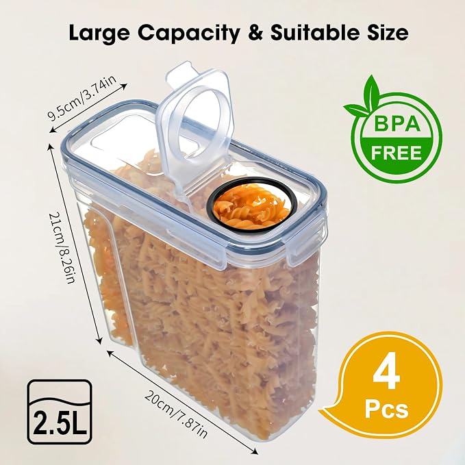 Airtight Food Containers, 2.5L Kitchen Storage Box, Pack of 4, Plastic Food Jars Sealed with Lid for Storing Cereal Pasta Flour Pets - Image 2