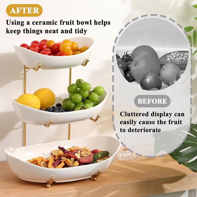 Large Size 3 Tier Ceramic Fruit Bowl,（13.4, 11 and 9.1 inch Plate）More Storage Space, Golden Metal Stand for Kitchen Counter,Porcelain Fruit Basket for Countertop, Snack, Nuts, Cake, Dessert - White - Image 5
