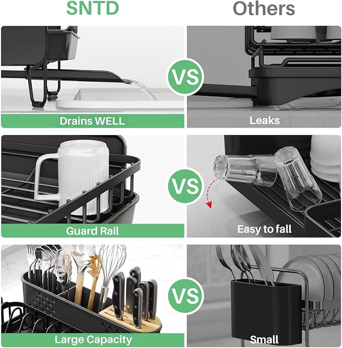 SNTD Large Dish Drying Rack for Kitchen Counter, Expandable, Black | Stainless Steel Dish Drainer, Adjustable Length 18.9''-29.3'', Automatic Drainage, 360° Spout, Cutlery Holder with Knife Slot - Image 6