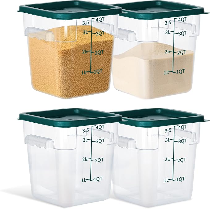 4 Pack 4QT Square Food Storage Containers with Lids | Clear NSF polycarbonate containers with scale, label and measuring cup, stackable for prep, storage, freezer. Dishwasher safe by STEELUS