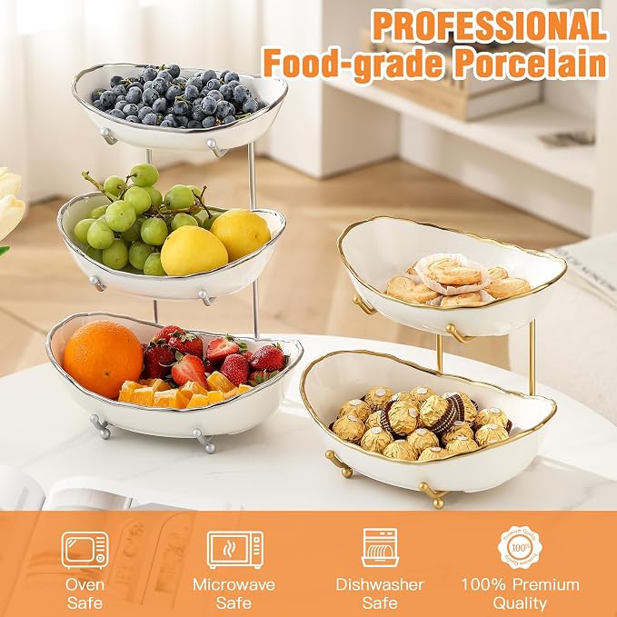 Ceramic Fruit Bowl for Kitchen Counter - 3 Tier Fruit Basket with Metal Stand, Tiered Fruit Stand for Countertop, Snack, Nuts, Cake, Dessert, Cute (Silver-rimmed, Small) S1 - Image 2