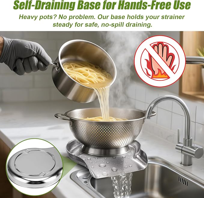 Palksky Colander and Strainer Self Drainer Base Plate Stainless Steel for Kitchen, Metal Countertop Draining Tray for Pasta Rice Noodle Fruit Veggie Food Strainer & Ceramic Colander - Image 8