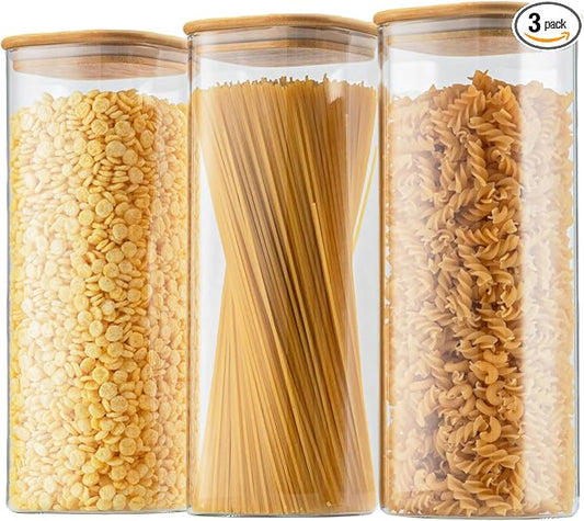 D2scrma 71oz Glass Square Storage Containers with Bamboo Lids Set of 3 (2100ml) Tall Food Storage Canisters Kitchen Jars for Pantry Organization Pasta, Penne, Macaroni, Lasagna, Fusilli by Delicatedtoservicecustomer