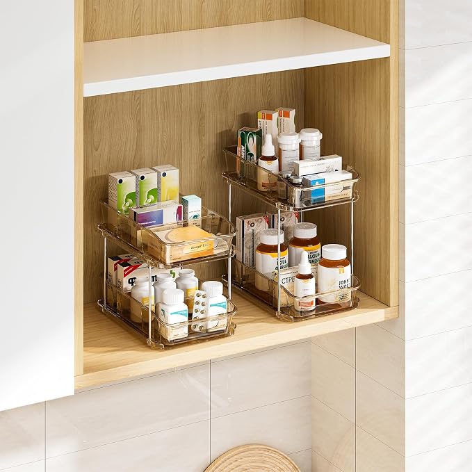 Delamu 2-Tier Under Sink Organizers and Storage, Multi-Purpose Stackable Bathroom Cabinet organizers, Pull Out Kitchen Pantry Organization and Storage with Dividers(4 Pack, Amber) - Image 8