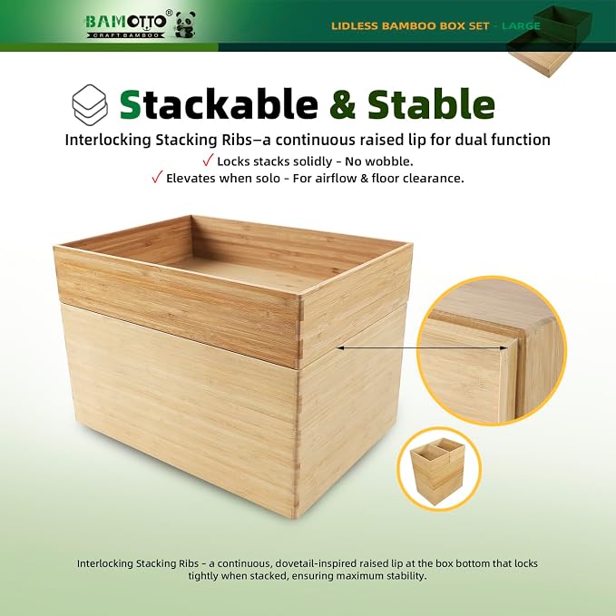 BAMOTTO CRAFTBAMBOO 2-Piece Bamboo Storage Box Set Stackable Organizer | Open-Top Design | Deep Bin Drawer Organizer + Shallow Tray | Kitchen Pantry | 14.6"x10.2"x7.1" + 14.6"x10.2"x3.1" - Image 3