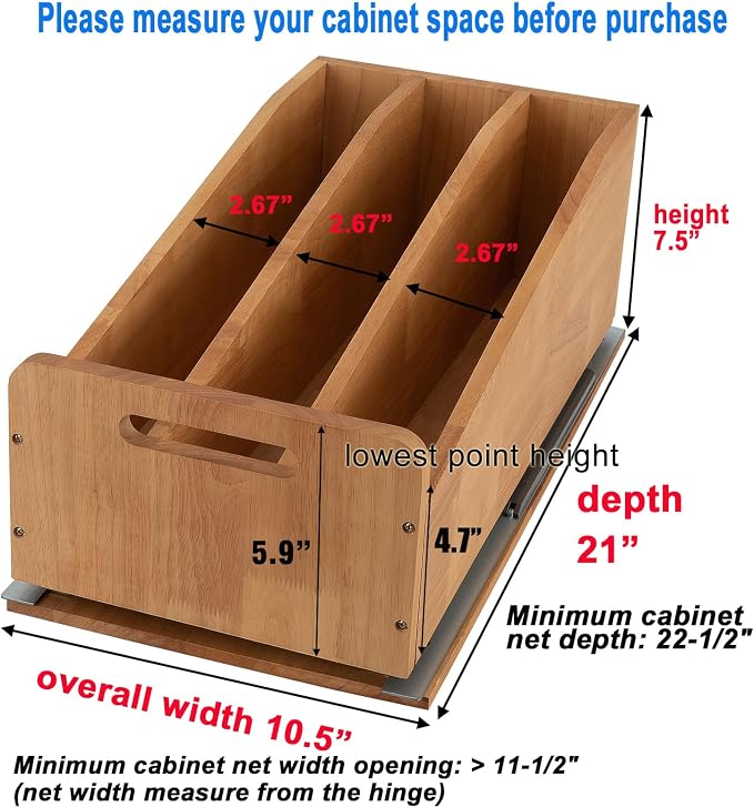 DINDON Pull Out Cabinet Organizer for Pans, Cookie Sheet, Bakeware, Cutting Board, Slide Out Kitchen Cabinet Storage Organizer Rack, 10.5''W X 21"D X 7.5"H, Wood - Image 3