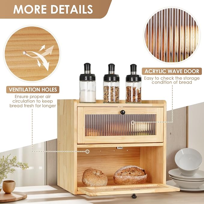 Sunhoo Bread Box for Kitchen Countertop Wooden Bread Storage Container Bin 2 Layer Breadbox Holder Large Capacity Keeper Vintage Farmhouse Food Organizer Pantry Shelf Acrylic Window（Wood color） - Image 2
