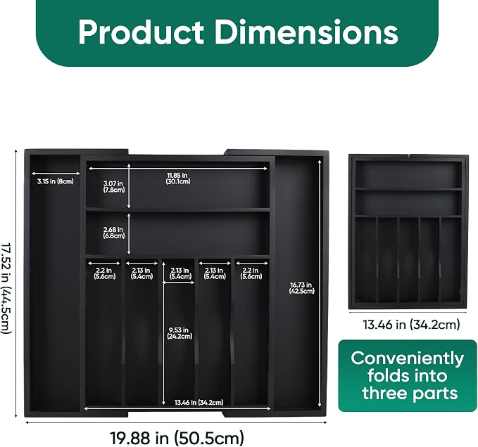 Bamboo Silverware Organizer, Expandable 9-Compartment Drawer Tray | 9 compartments, expandable 13.46-19.88 in width, bamboo construction, for flatware, utensils, and household items - Image 2