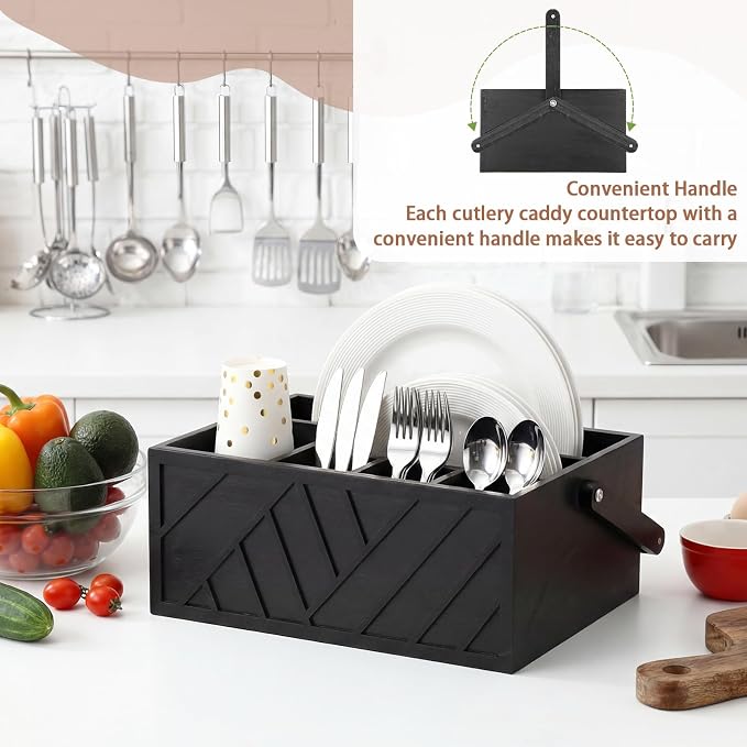 LemonRoad 13 Inch Rustic Silverware Caddy with Handle Wooden Flatware Utensil Holder Paper Plate and Silverware Caddy Organizer Cutlery Holder for Kitchen Countertop Picnic Cups Forks Napkins(Black) - Image 5