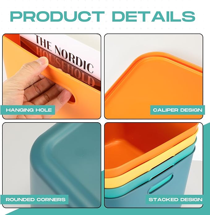8 Pieces Colorful Storage Bins with Lid, Plastic Storage Basket Organizing Container Stackable Box with Handle for Shelves Desktop Playroom Office(16.1 x 12.0 x 9.7 Inch,Multi-colored) - Image 3
