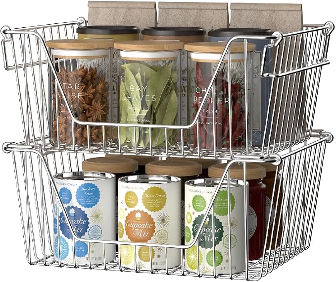 Slideep 14'' Large Stackable Storage Baskets Cabinet Organizer Sturdy Metal Wire Pantry Freezer Bin for Pantry Home Bathroom Kitchen Organization 2 Packs - Image 4