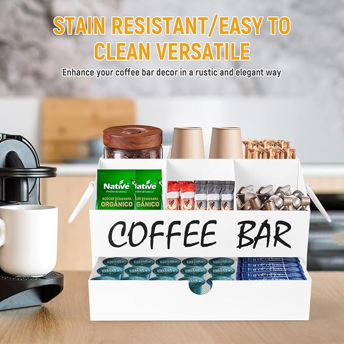 Coffee Bar Accessories Organizer - Countertop Coffee Station with Drawer, Pod Holder & Condiment Organizer，White - Image 4