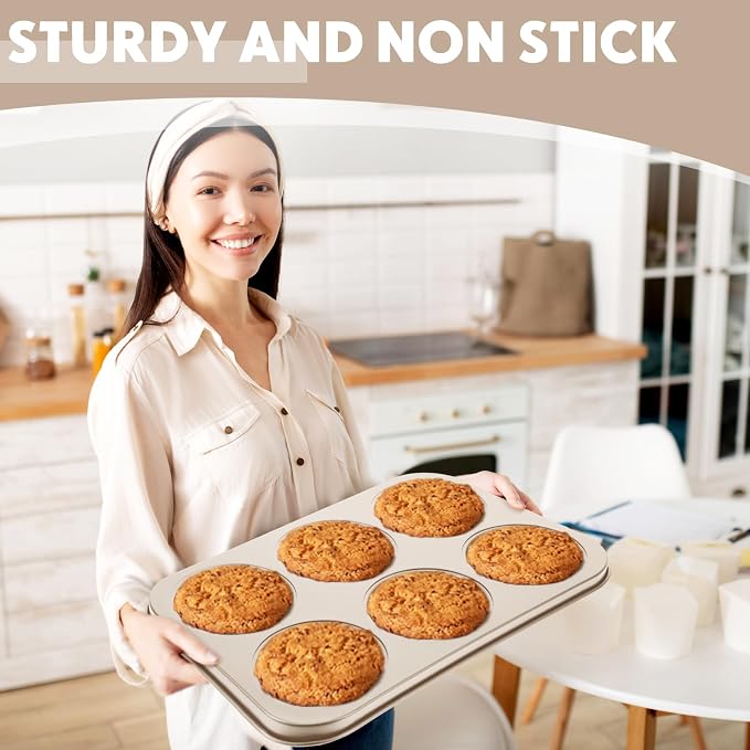 6 Pack Jumbo Nonstick Muffin Baking Pan Muffin Tins Heavy Duty Cupcake Tin Gold Carbon Steel Cup Cake Tray for Baking Cupcakes, Dishwasher Safe Small Muffins Tarts - Image 5