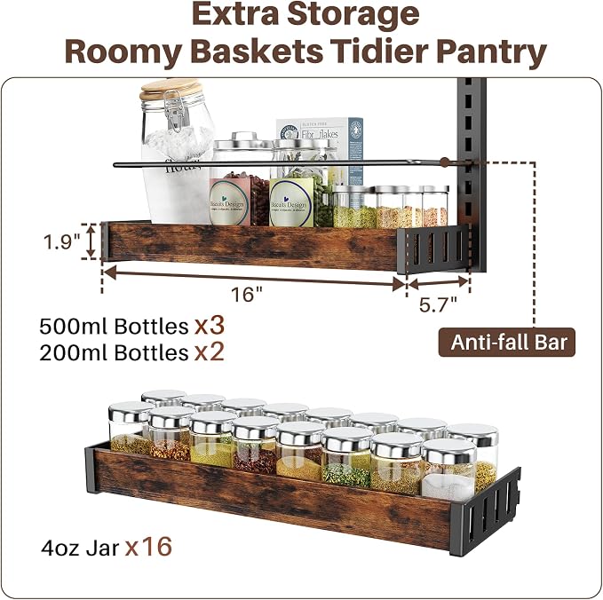 8 Tier Over The Door Pantry Organizer, 2 IN 1 Wall Mount or Metal Hanging Spice Rack for Pantry Organizers and Storage, Seasoning Shelves，Adjustable Basket with Hooks for Kitchen Cabinet and Closet - Image 6