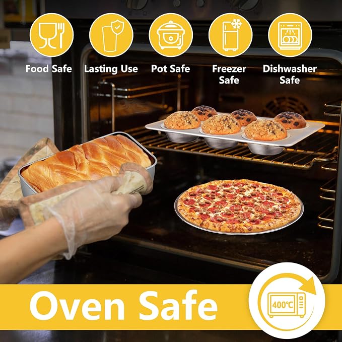 P&P CHEF 9 PCS Baking Pans Sheets, Stainless Steel Bakeware Set for Cooking | Including Toaster Oven Pan/Cooling Rack/Lasagna Pan/Round Cake Pans/Muffin/Loaf/Pizza Pan, Healthy & Dishwasher Safe - Image 7