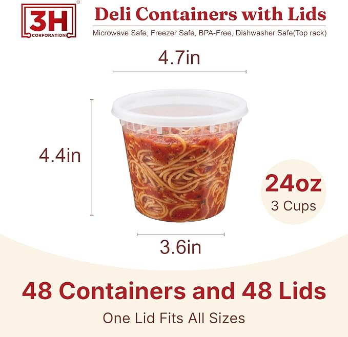 24oz Deli Containers with Lids (48 Set/96 Pcs) Food Storage Containers, Freezer Microwave Safe, BPA-Free Plastic, Stackable Snack Airtight Soup Leakproof Leftover Organizers & To-Go - Image 2