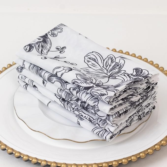 Efavormart Premium 5-Pack French Toile Cloth Napkins – 17"x17" Black and White Reusable Polyester Table Napkins in Floral Design for Events & Dining by efavormart
