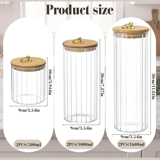 SiliFine 6 Set Glass Pantry Storage Jar with Acacia Airtight Lid 3 Size Glass Storage Container Jar for Pasta Spaghetti Cereal Coffee Bean Flour Sugar Rice, 17oz, 35oz, 53oz (Bamboo Lid with Ring) - Image 2