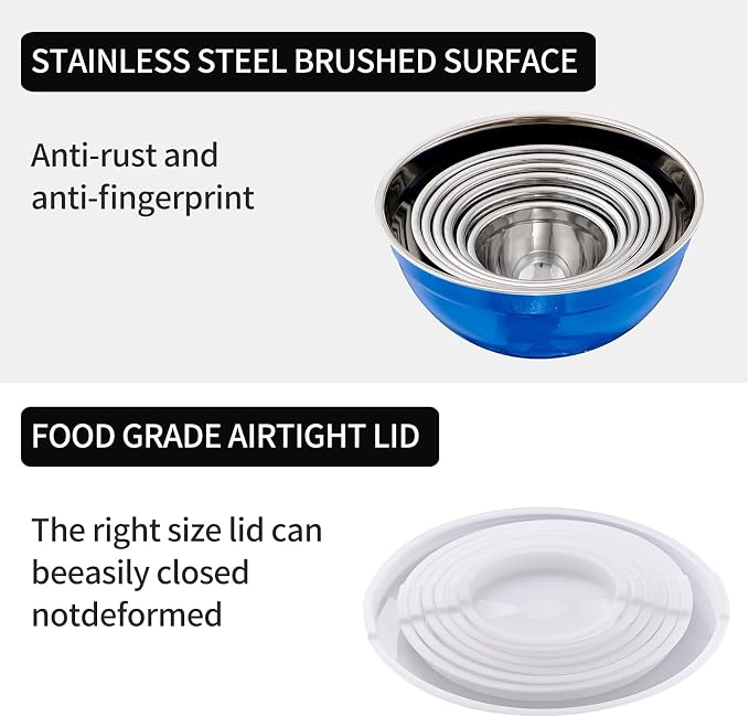Blue Mixing Bowls with Lids Set of 7, Stainless Steel Nesting Bowl with Khaki Lid for Non-slip Mixing Prepping Storing Serving, 7 Sizes-7/3.6/2.7/2.1/1.5/1/0.8 QT - Image 4