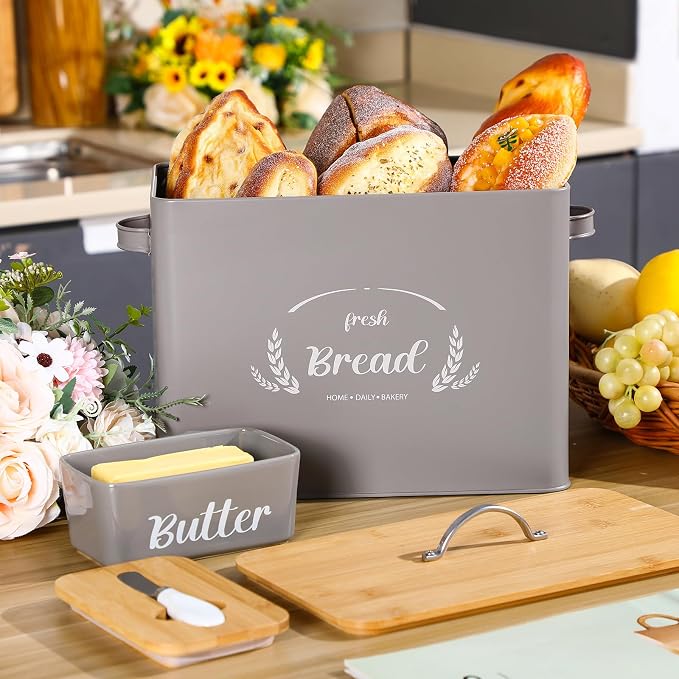 Qinyoung 2 Pcs Large Bread Box Set for Kitchen Countertop with Ceramic Butter Dish Holder Bamboo Lid Knife Metal Bread Holder Farmhouse Kitchen Storage Container for Home Housewarming Gift(Grey) - Image 4
