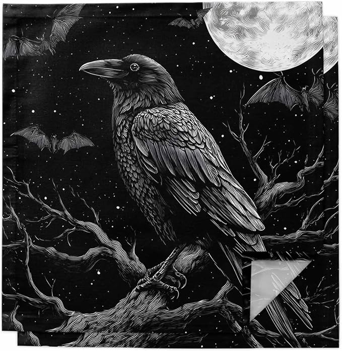 Kitchen Cloth Napkins 2 Pack Halloween Crow Bat Moon Dinner Napkins Soft Table Napkin for Family Dinners Cocktail Parties Wedding, Washable & Reusable, 20" x 20" by EwdeWwo