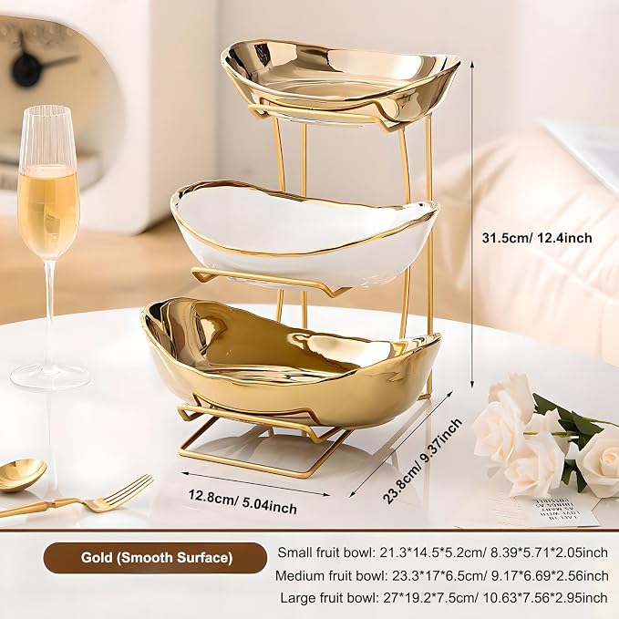 Gold Silver Fruit Bowl with Metal Stand, 3 Tier Ceramic White Fruit Bowl Fruit Rack for Kitchen Counter, Tiered Fruit Basket for Snacks Bread Candy Storage (Gold (Smooth Surface)) - Image 3