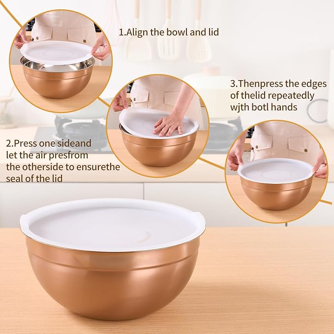Rose Gold Mixing Bowls With Airtight Lids,Stainless Steel Bowl,Salad Bowls 7 Piece Colorful Nesting Bowl Rose Gold Kitchen Accessories,Size 7,3.6,2.7,2.1,1.5,1.1,0.8QT Stackable Design - Image 3
