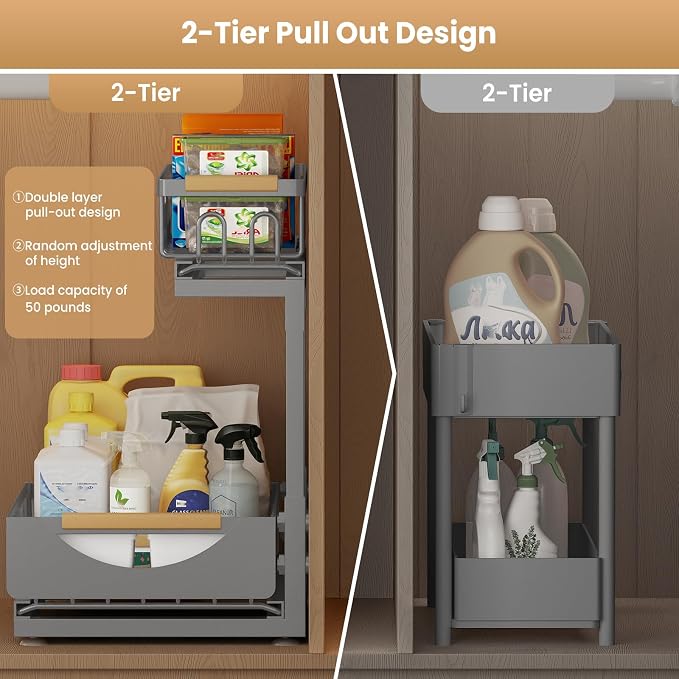 Under Sink Organizer and Storage 2 Tier Cabinet Pull Out Shelf Organizers | 2 Pack 2 Tier under sink storage for Bathroom and Kitchen Slide Out Drawer Organization for Home Cabinets Shelves and Drawers - Image 3