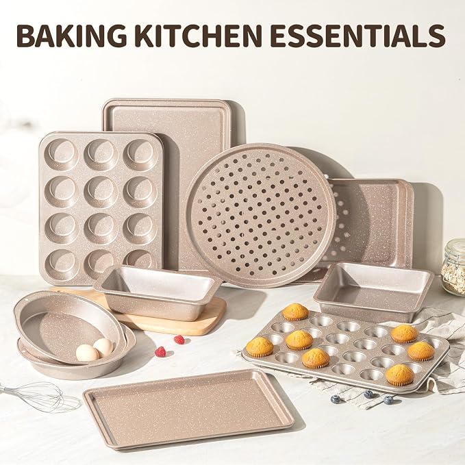 Terlulu 10-Piece Baking Pans Set, Bakeware Sets Nonstick, Baking Set for Oven Cooking, Stackable Carbon Steel Pans Include Cookie Sheets, Muffin Pan, Cake Pan, Pizza Pan, Loaf Pan, Roasting Pan, Gold - Image 2