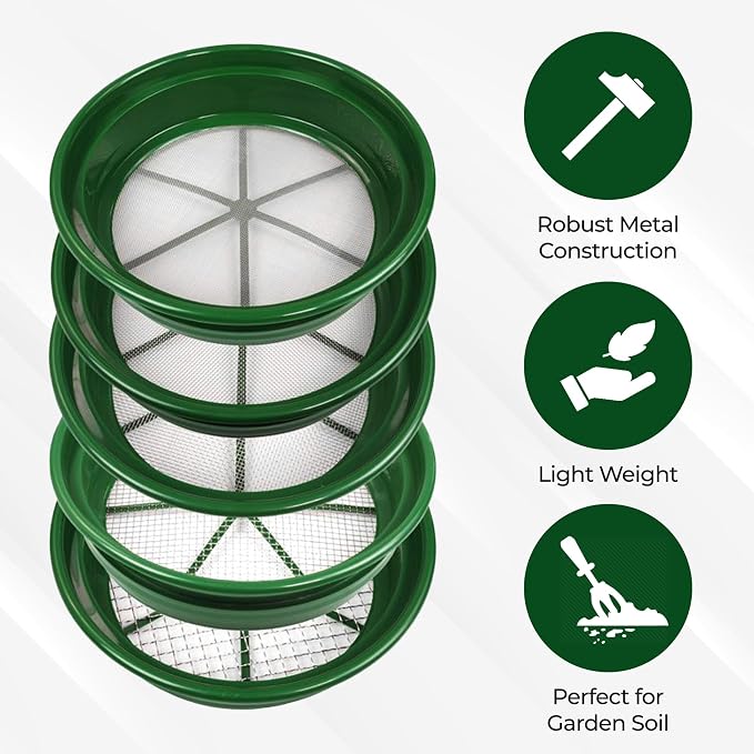 SE 13.25 Inch Wide Stackable Classifier Gold Prospecting Pan Set - Includes 1/2" 1/4" 1/8" 1/12" and 1/20" Stainless Steel Mesh Sifting Pans, Green, 5 Pack - Image 7