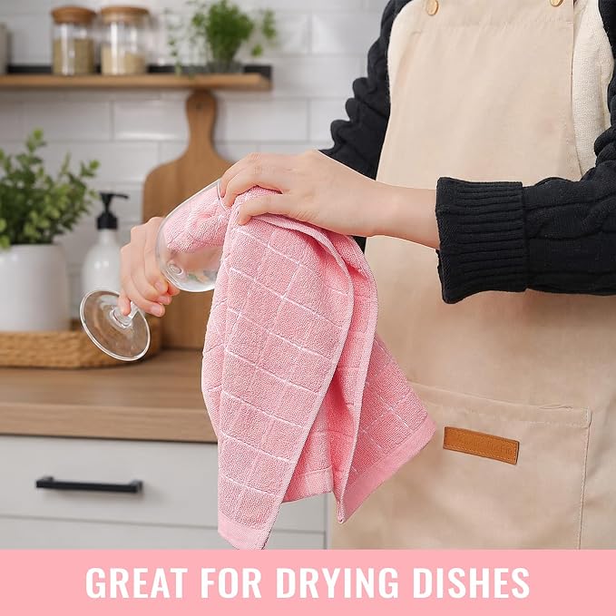 Kitinjoy 100% Cotton Terry Kitchen Towels, 13”x 28”, 8-Pack, Pink | Checkered Designed, Ultra Soft Absorbent Quick Drying Dish Towels - Image 6
