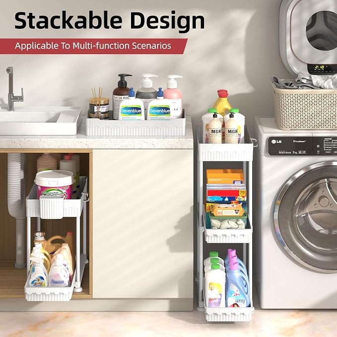 4-Pack 2-Tier Under Sink Organizer with Pull Out Drawers | Multi-use kitchen & bathroom storage. Includes hanging hooks and cups. White, space-saving cabinet design. 12.8 Inch - Image 5