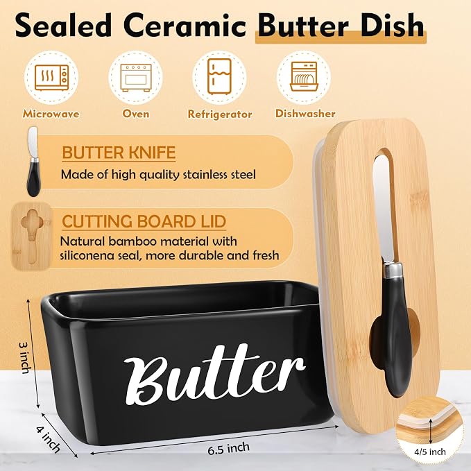 Hushee Metal Bread Box and Butter Dish with Bamboo Cutting Board Lid and Knife Bread Storage Container Breadbox for Kitchen Counter Butter Organizer for Kitchen Countertop Decoration(Black) - Image 3
