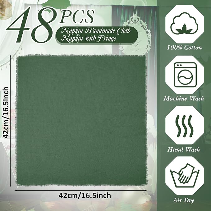 48 Pcs Cotton Linen Cloth Napkins with Fringe 16.5 x 16.5 Inch Square Rustic Dinner Linen Napkins Bulk for Wedding Party Banquet Dinner(Green) - Image 2