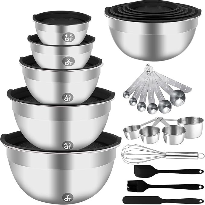 WEPSEN Mixing Bowls Set, 25PCS Stainless Steel Mixing Bowl with Lid Set, Large Nesting Bowls 7, 4.5, 3,2, 1.5QT, Measuring Cups and Spoons Baking Utensils Metal Bowl for Kitchen Prep by WEPSEN