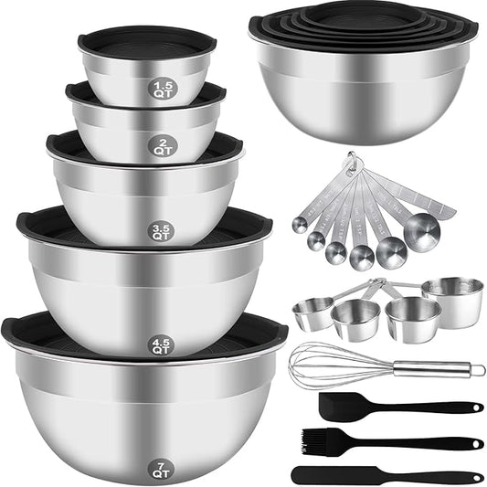 WEPSEN Mixing Bowls Set, 25PCS Stainless Steel Mixing Bowl with Lid Set, Large Nesting Bowls 7, 4.5, 3,2, 1.5QT, Measuring Cups and Spoons Baking Utensils Metal Bowl for Kitchen Prep by WEPSEN