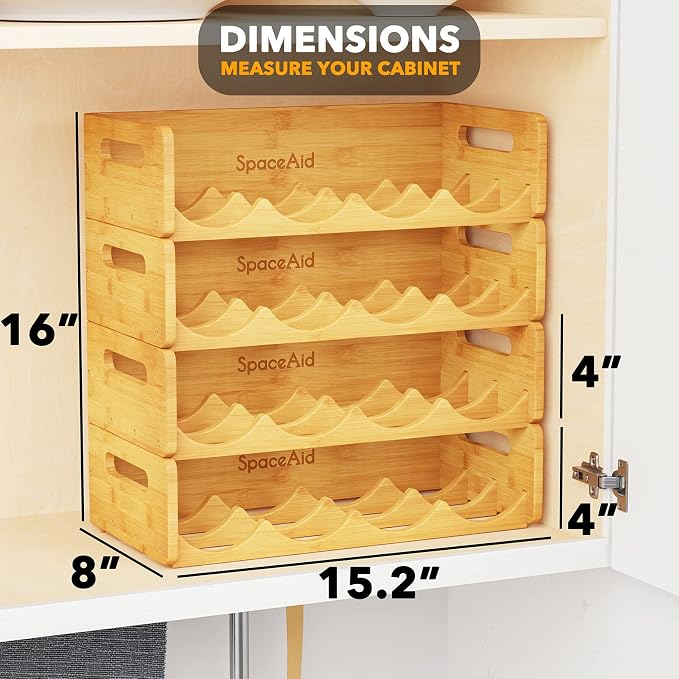 SpaceAid Bamboo Water Bottle Organizer with Labels, Kitchen Pantry Water Bottle Storage Rack for Cabinets, Home Cup and Wine Bottle Holder Shelf Organizers, 4 Pack 4-Slot, Hold 16 Bottles - Image 3