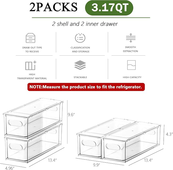 bealy 2 Pack Refrigerator Organizers and Storage, Stackable Clear Pull out Drawer Organizer Bins, BPA-Free Fridge Organizer and Storage for Fruit, Produce, Drink, Snack and Food Storage Containers - Image 2