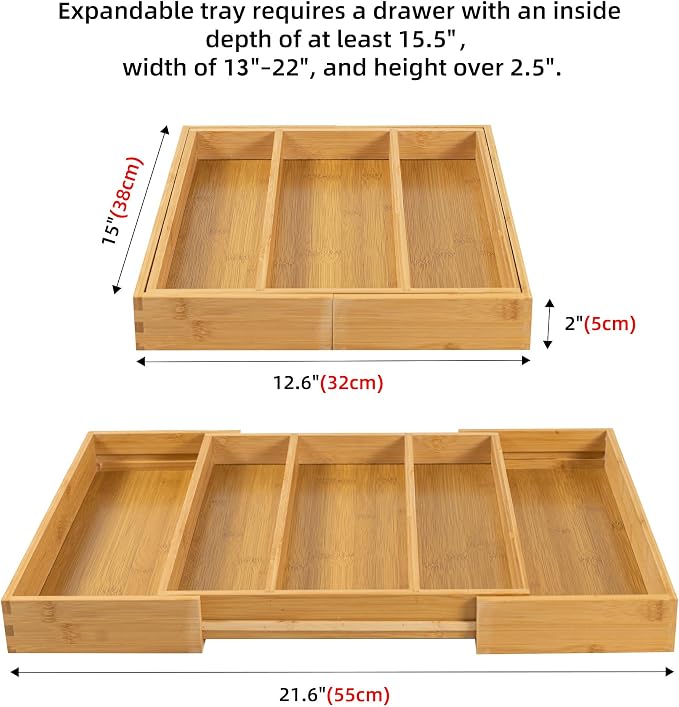 Utoplike Drawer Organizer Kitchen Utensils, Expandable Bamboo Cutlery Tray | Extendable Silverware Holder for Drawer, Flatware Caddy for Organized Kitchen, Apartment and RV, 3-5 Slots - Image 3