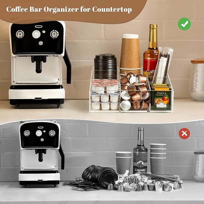 BEYGORM Acrylic Coffee Bar Station Organizer for Countertop | Coffee Gift for Coffee Lovers, Office Breakroom Storage Holder for Kcup Pod, Condiment, Cup, Tea, Creamer, Syrup (Clear) - Image 2