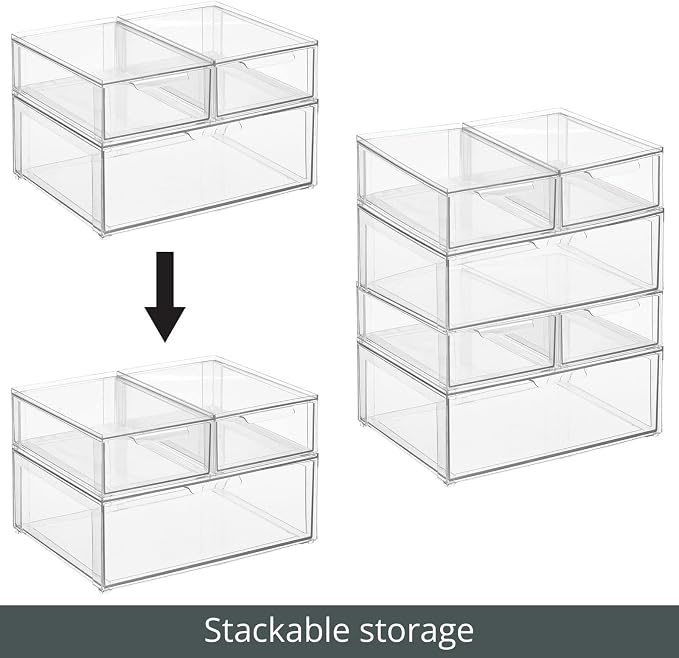mDesign Plastic Stackable Bathroom Storage Organizer Bin Containers with Front Pull Drawer for Bathroom Countertop, Vanity, Closet Shelves - Holder for Accessories, Lumiere Collection, Set of 3, Clear - Image 4
