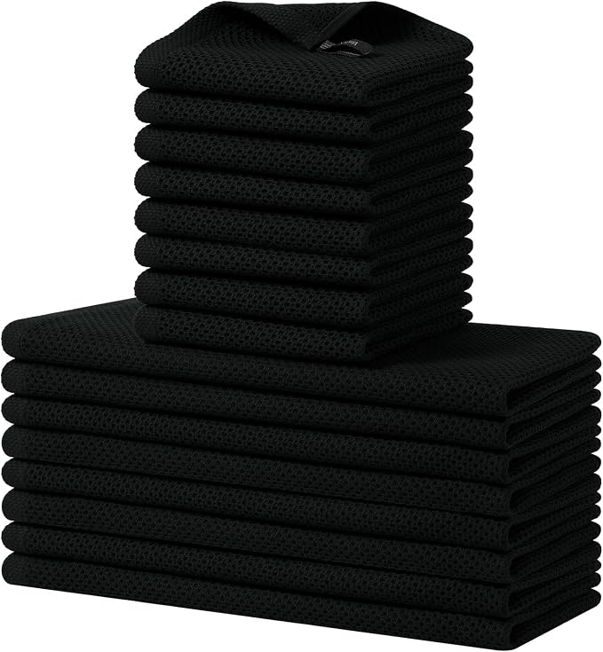 Homaxy 16 Pack 100% Cotton Kitchen Towels and Dishcloths Set, Black | 12 x 12 Inches and 13 x 28 Inches Kitchen Towels Set, Ultra Soft Absorbent Dish Cloths for Washing Dishes by Homaxy