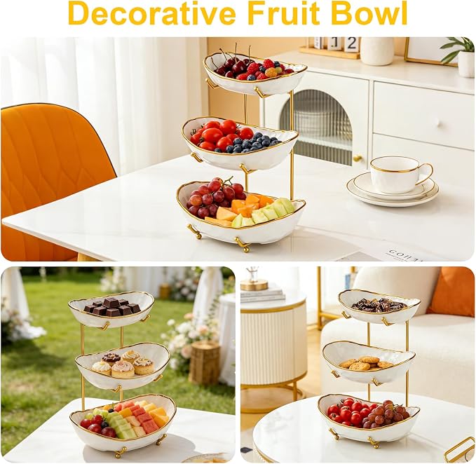 Fruit Bowl 3-Tier Ceramic With Gold Metal Stand Large Space Saving | Decorative Fruit Basket, Large Capacity, Space Saving Design, Ideal For Kitchen And Dining - Image 8