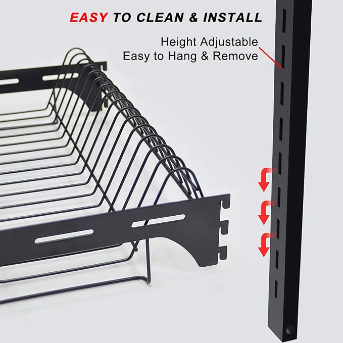 Hanging Dish Drying Rack, Wall Mounted Dish Rack Kitchen, 2 Tier Plate Organizer Wall Mount, Stainless Steel Dish Drainer Storage Shelf with Drainboard, Cutlery Holder, Black, Ajustable Height ( 16" ) - Image 6