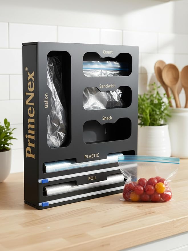 Storage Bag organizer, 6 in 1 Foil and Plastic Wrap Dispenser with Cutter, Bamboo Kitchen Drawer Organizer Food Bag Organizer for Gallon, Quart, Sandwich, Snack Bags (Black) - Image 4