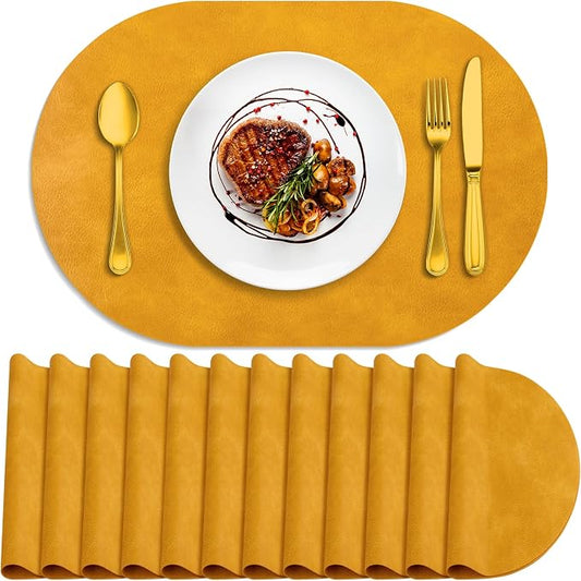 ADRIMER Placemats, Heat Resistant Oval Placemats Set of 12 Washable 12 x 17 Inch, Waterproof Table Mats, Wipeable Pu Place Mats for Kitchen, Dining Room, Yellow by Adrimersdreamistobeanindispensablecompanioninyourlife