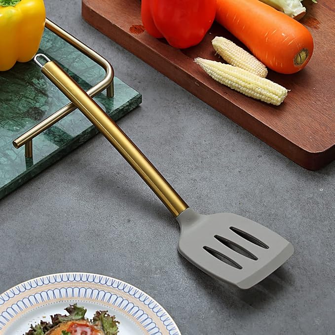 Berglander Non-stick Silicone Slotted Turner with Titanium Gold Plated Handle for Cooking, Dishwasher Safe, Easy to Clean - Image 3