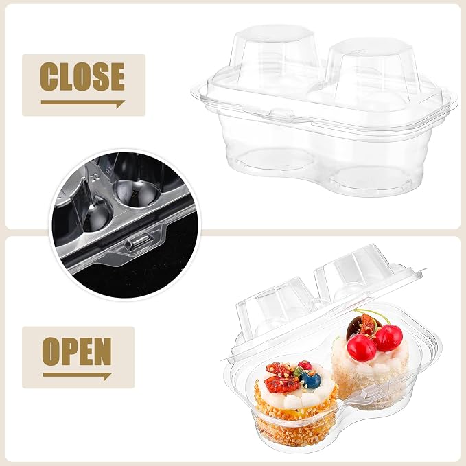 Eaasty 100 Pcs 2 Compartment Plastic Cupcake Containers Disposable Deep Cupcake Carrier Holder Box with Lids Stackable Clear Dessert Container for Muffin Pies Weddings Birthday Party - Image 7