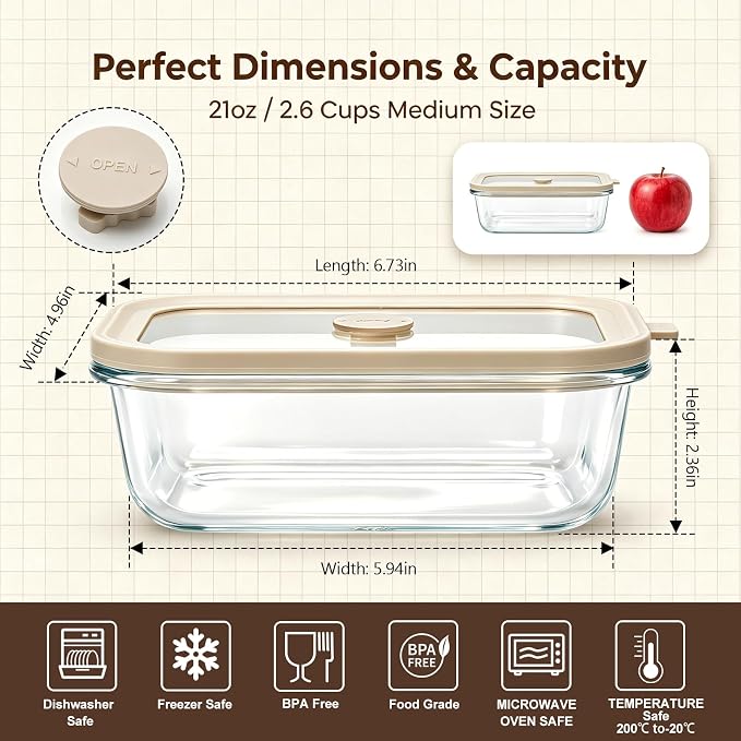 21 oz Glass Meal Prep Containers with Glass Lids, 6 Pack | Airtight Glass Glass Food Storage Containers, Non Toxic Glass Lunch Containers for Leftovers, Microwave, Oven, Freezer - Image 2